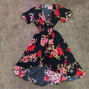 Kormei Dark Floral Summer Dress Size S Feminine Smocked Romantic Flare Sleeves